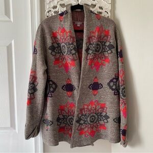 J Jill Floral Southwestern Open Cardigan Sweater Mocha Mousse Boho Lagenlook L